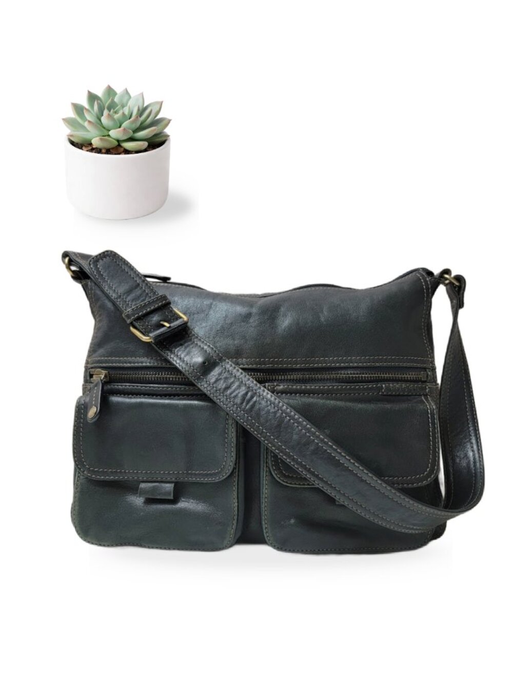 Black Fossil Shoulder Bag Leather Hobo Organizer Multi Pocket Brass Hardware